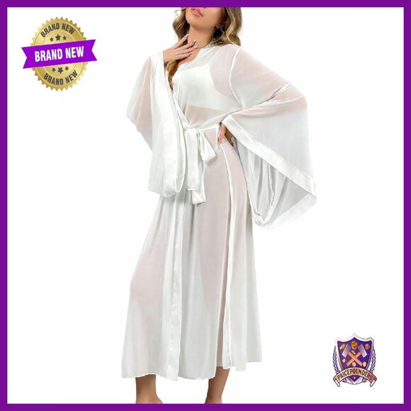 Sheer Mesh Robe Long Sleeve Bridal Lounge Lingerie Satin Trim